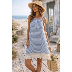 Atmosphere Boho Coastal Euro Summer Cottagecore Stripe Lace Tassel Sundress SZ L